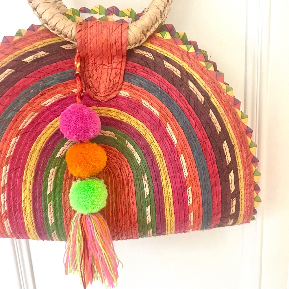 Colorful Mexican Woven Rainbow Handbag with Pom Poms